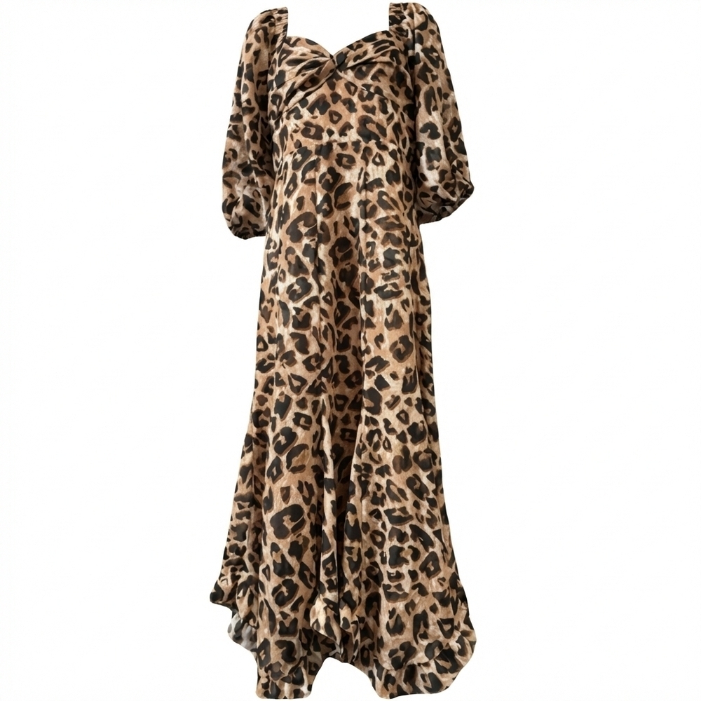 Anthropologie Hutch Printed Twist-Front Puff-Sleeve Ruffle-Hem Dress Medium